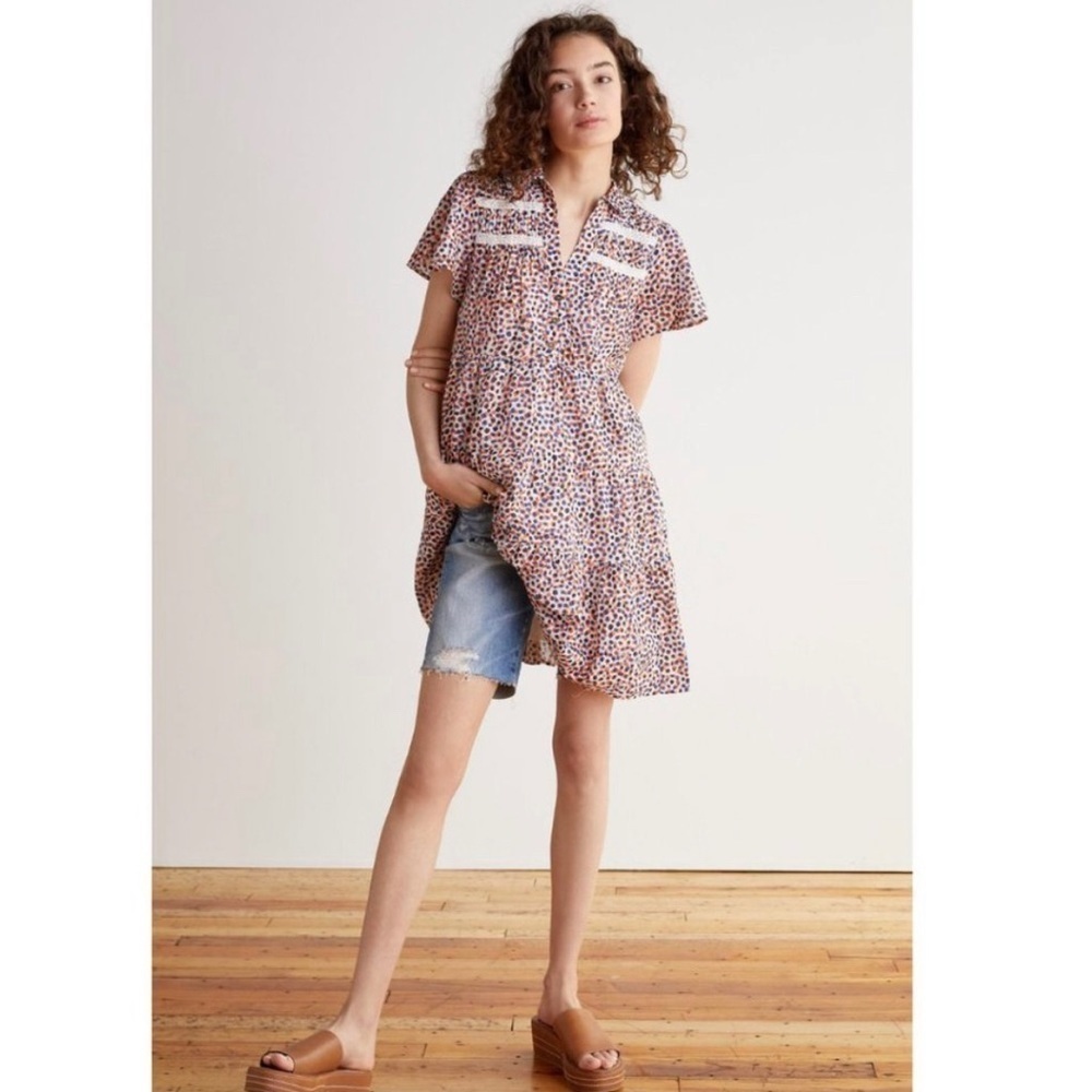 Anthropologie Georgina Tiered Shirtdress In Orange Blue Funky Dot M - Picture 4 of 14